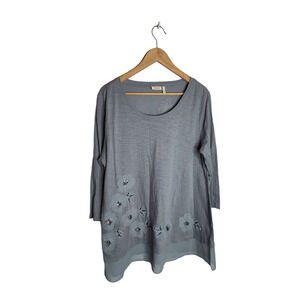 LOGO by Lori Goldstein Floral Embellished Slate Blue Tunic Sheer contrast L